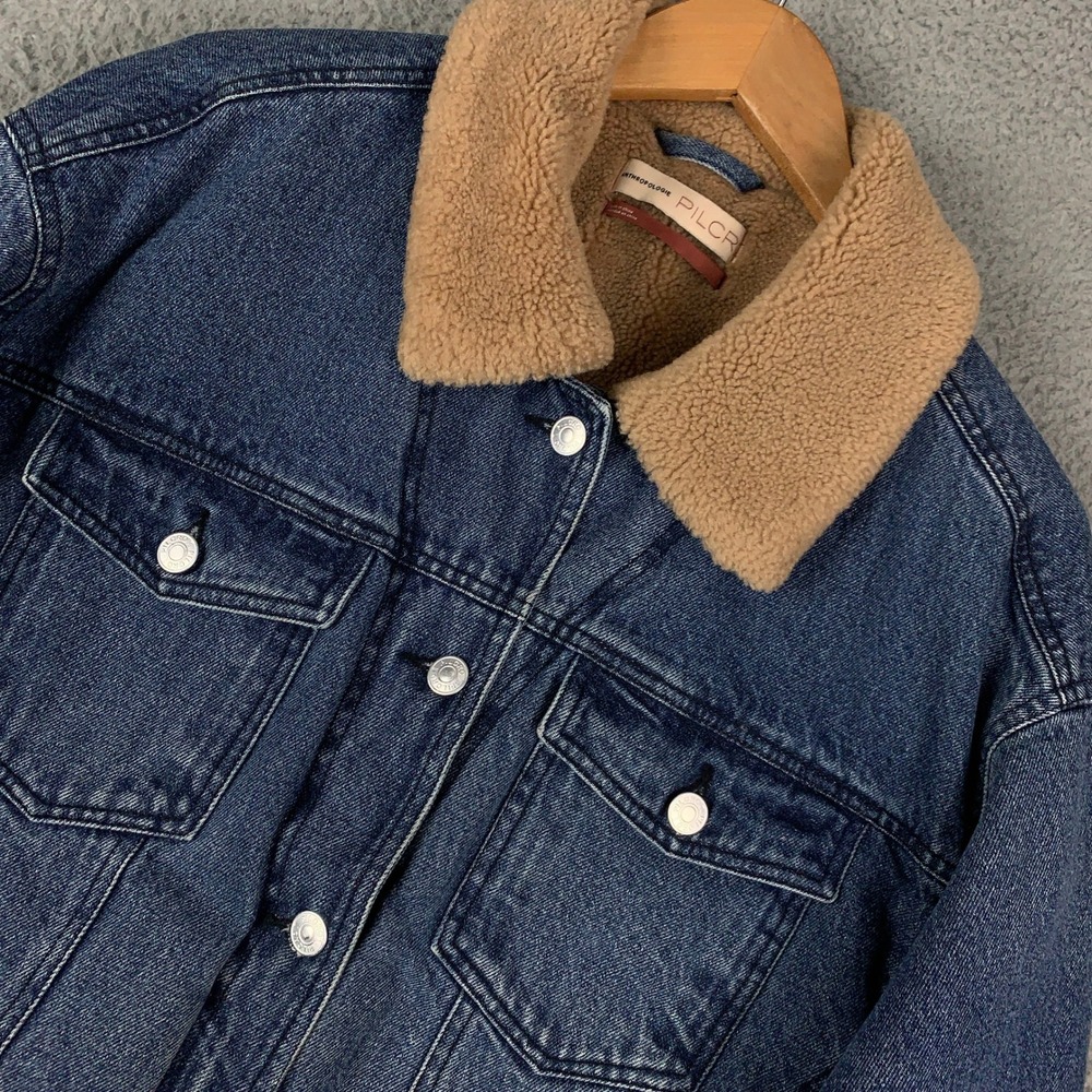 Anthropologie Pilcro Sherpa Collar Denim Jacket Womens Small Petite Blue Trucker